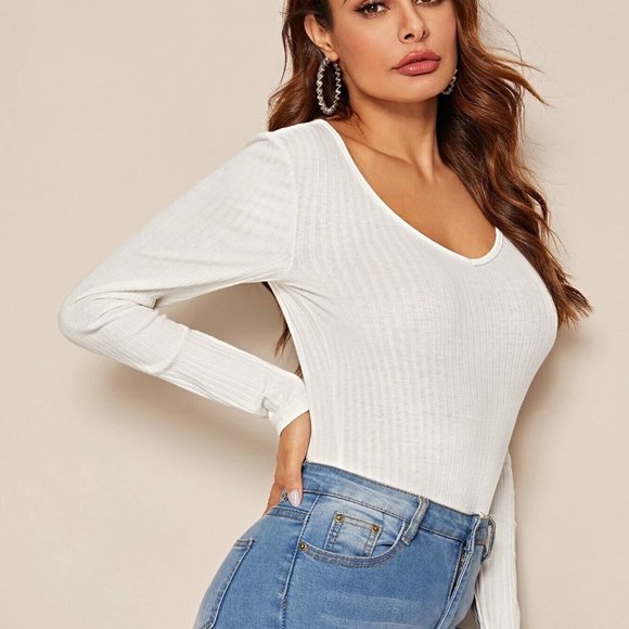 Cotton WHITE RIBBED KNIT TOP Long Sleeve TEE Ribbed LS T-Shirt Deep V Neck NEW - Picture 2 of 8